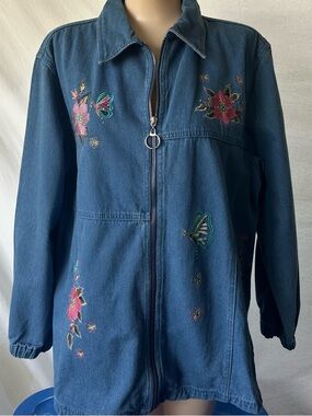 Vintage 80s Passion I Embroidered Denim Jacket Flowers Butterflies Oversize Sz S